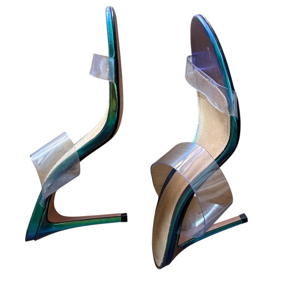 SCHUTZ Iridescent Blue Heels Clear Strappy Design Party Event Women 7B Fairytale - Picture 6 of 9